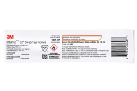 3M10202 Soluprep I.V. Swabstick Clear Solution, 0.5% CHG/70% 50EA/BX