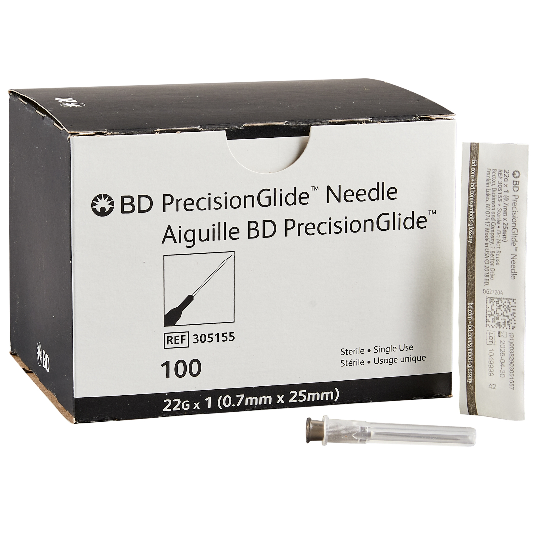 BD305155 PrecisionGlide Needle, Single-Use, Sterile, 22GA x 1", 100EA/BX (Discontinued Use: TC-NN-2225R)