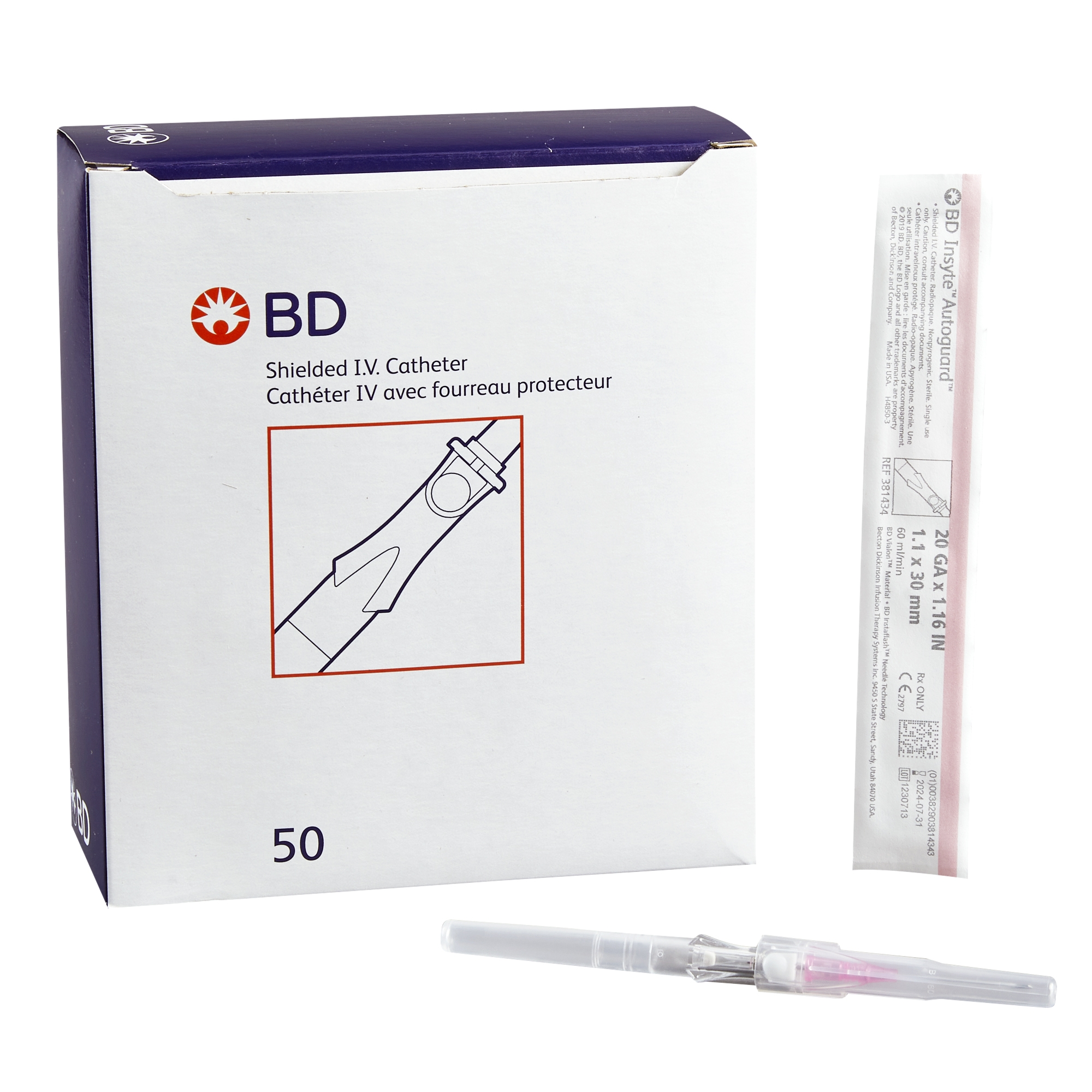 BD381434 BD Insyte Autoguard Shielded IV Catheter, Pink, 20GA x 1.16" (Discontinued)