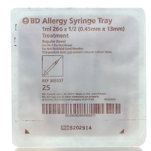 BD305537 Allergist Tray with Precisionglide Permanently Attached Needle, 26G x .5", Regular Bevel, 25EA/TY