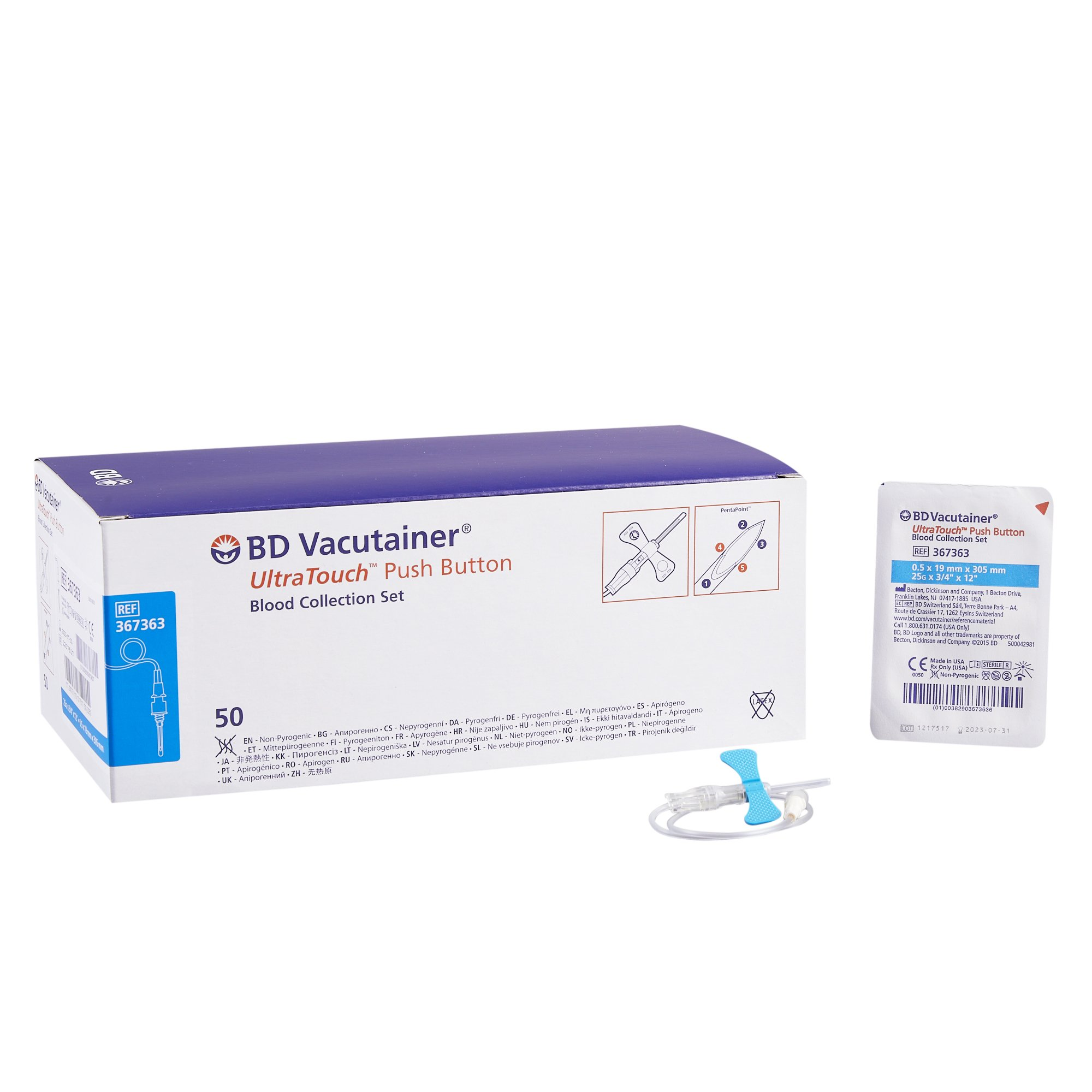 BD367335 Vacutainer Blood Collection Set, Push Button, Royal Blue, 25GA, 7", 50EA/BX