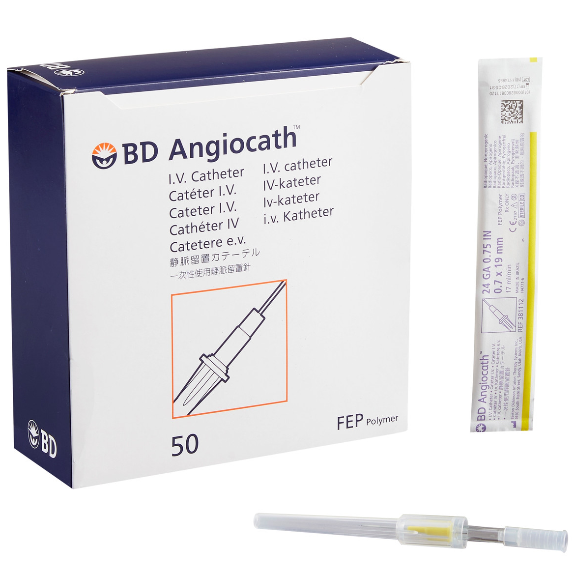 BD381123 Angiocath Peripheral Venous Catheter, 22GA x 1", 50EA/BX