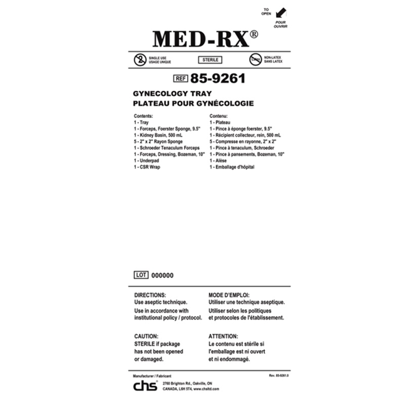 85-9261 Med-Rx Gynecology Tray, 10EA/BX