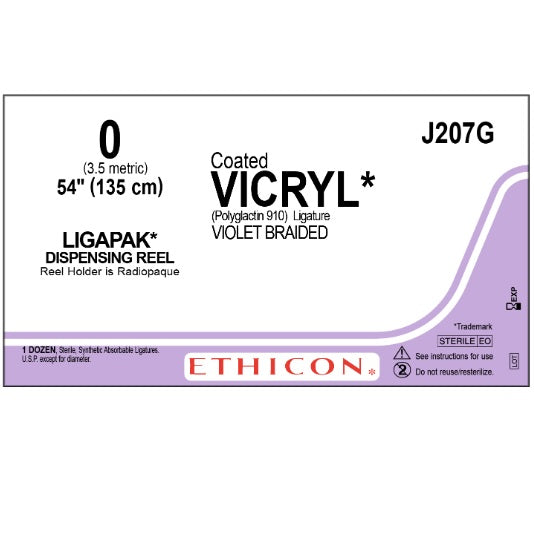 J-207G COATED VICRYL Absorbable Suture, Polyglactin 910, 54" LIGAPAK Reel 12EA/BX