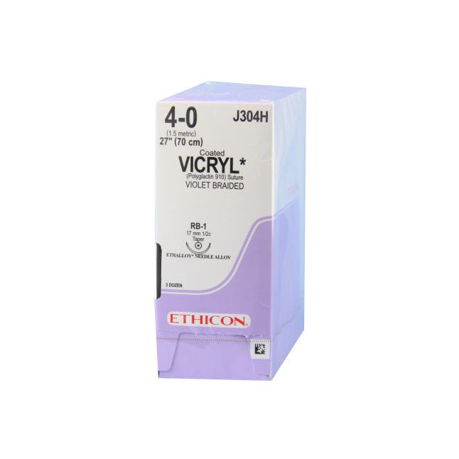 J-304H Absorbable Suture, Polyglactin 910 Coated Vicryl, Size 4-0, Length 27", RB-1 Taperpoint Needle, Violet, 36EA/BX