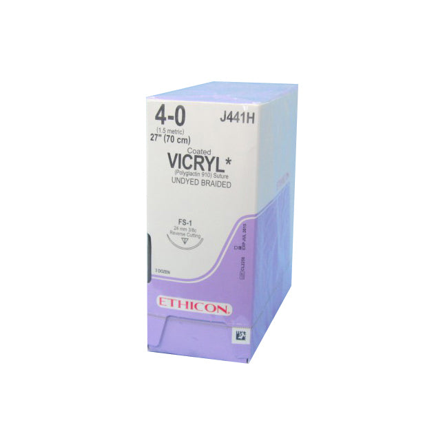 J-441H Absorbable Suture, Polyglactin 910 Coated Vicryl, Undyed, Size 4-0, 24mm 36EA/BX