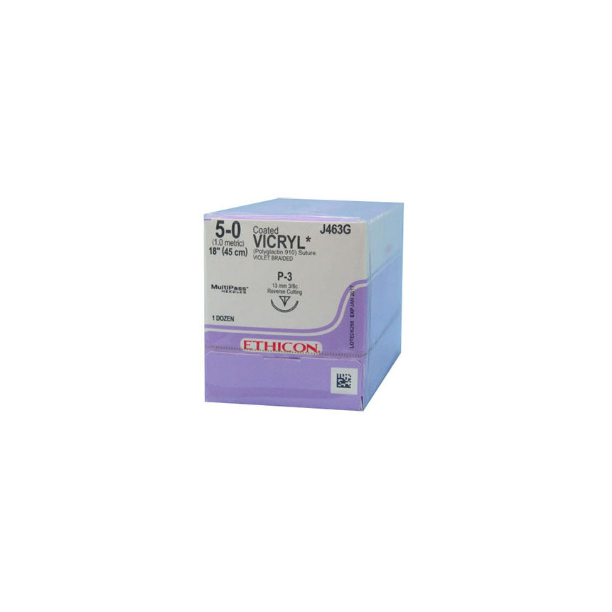 J-463G Absorbable Suture, Polyglactin 910 Coated Vicryl, Size 5-0, 18" P-3 Prime Reverse Cutting Needle, Violet 12EA/BX