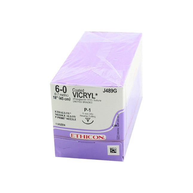 J-489G Absorbable Suture, Polyglactin 910 Coated Vicryl, Undyed, Size 6-0, 11mm 12EA/BX