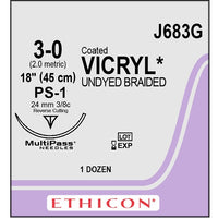 J-683G COATED VICRYL Absorbable Suture, Polyglactin 910, 1X18" PS-1 12EA/BX