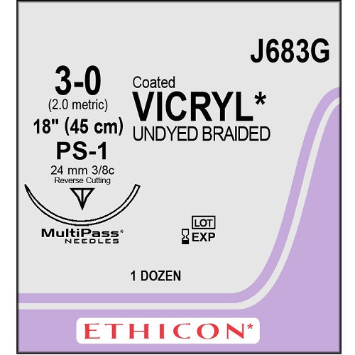 J-683G COATED VICRYL Absorbable Suture, Polyglactin 910, 1X18" PS-1 12EA/BX