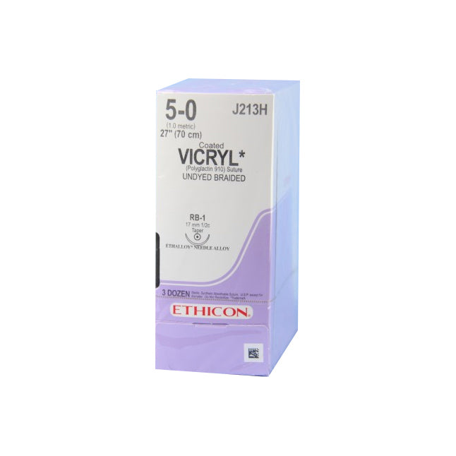 J213H Absorbable Suture, Polyglactin 910 Coated Vicryl, Undyed, Size 5-0, 17mm 36EA/CA