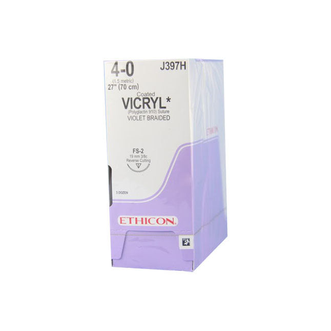 J397H Absorbable Suture, Polyglactin 910 Coated Vicryl, Size 4-0, Length 18", FS-2 Reverse Cutting Needle, Violet, 36EA/BX
