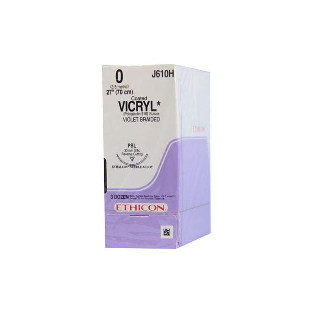 J610H Absorbable Suture, Polyglactin 910 Coated Vicryl, Size 0, Violet 30mm 36EA/BX