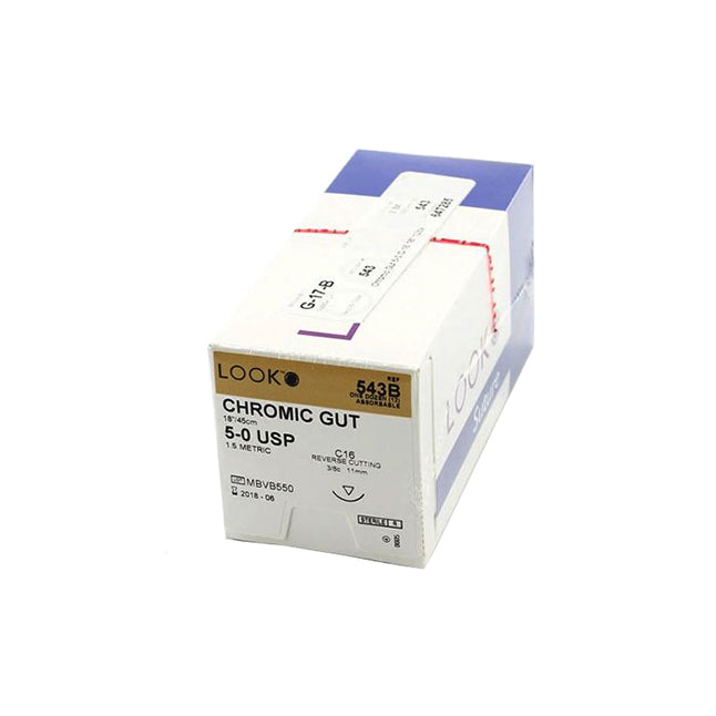 LK543B Look Absorbable Suture, Chromic Gut, Size 5-0, 11mm, C16 Reverse Cutting Needle, 12EA/BX