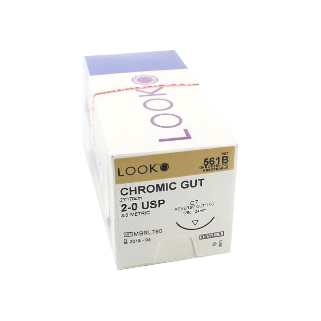 LK561B Look Absorbable Suture, Chromic Gut, Size 2-0, 24mm C7 Reverse Cutting Needle, 12EA/BX