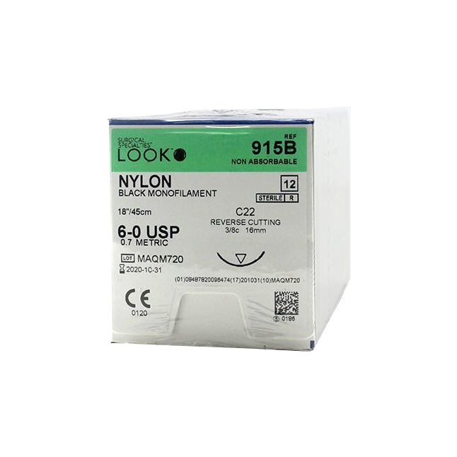LK915B Look Non Absorbable Suture, Nylon, Size 6-0, 16mm 12EA/BX