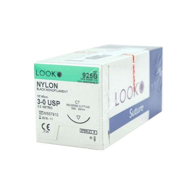 LK925B Look Non Absorbable Suture, Nylon, Size 3-0, 24mm 12EA/BX
