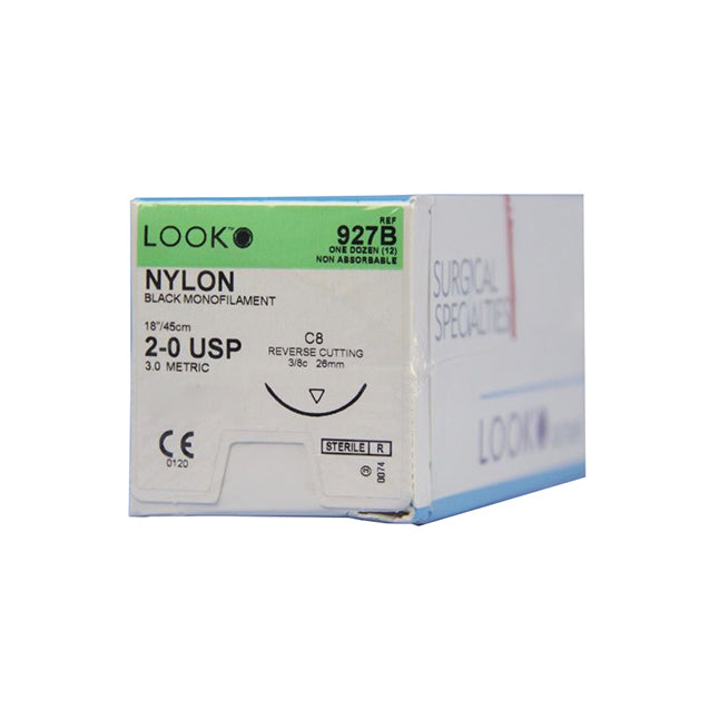 LK927B Look Non Absorbable Suture, Nylon, Size 2-0, 26mm 12EA/BX