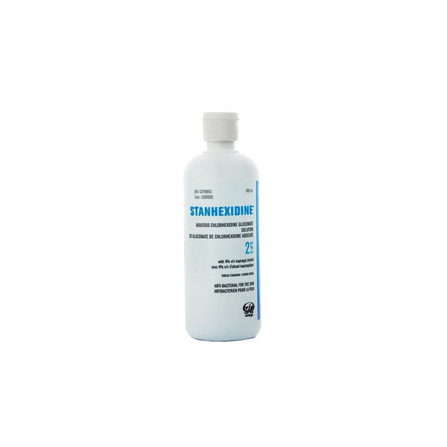 L0000009 Omega Laboratories Stanhexidine Aqueous Antiseptic Solution, Clear Blue, 450mL, 1/EA
