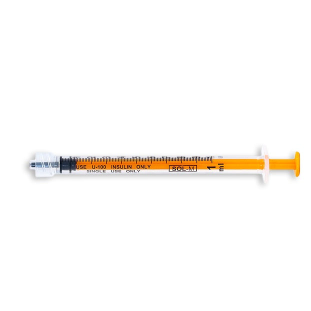 SOL161000LL Sol-M 1ml Insulin Syringe Luer Lock w/o Needle (Low Dead Space Tip, Orange Plunger), 100EA/BX