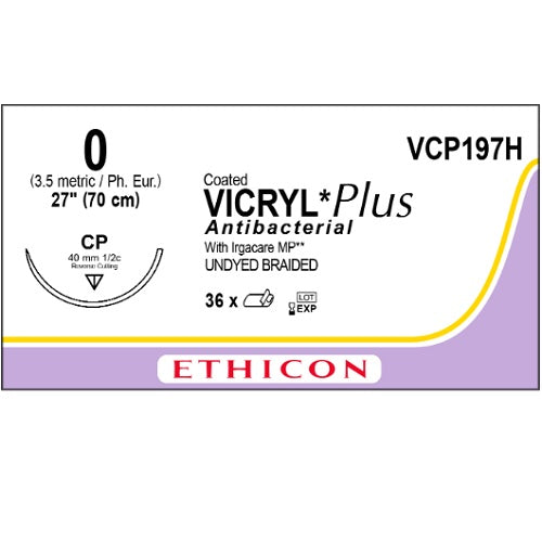 VCP197H Vicryl Plus Absorbable Suture, Triclosan Polyglactin 910 Coated Vicryl, 40mm 36EA/CA