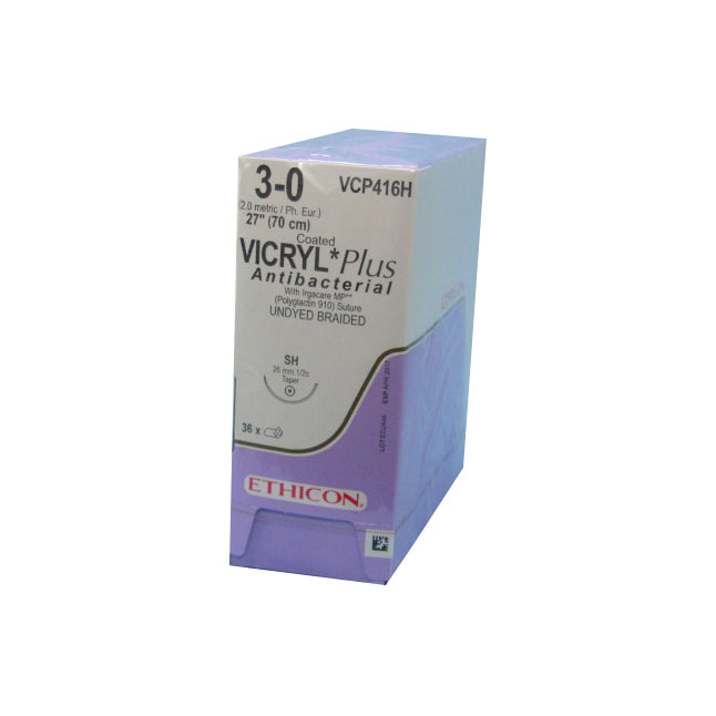 VCP416H Vicryl Plus Absorbable Suture, Triclosan Polyglactin 910 Coated Vicryl, Size 3-0, 26mm 36EA/CA