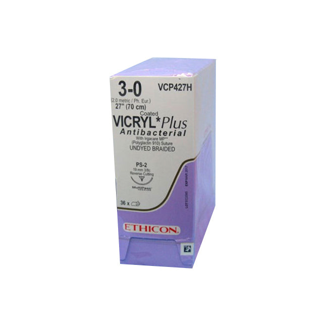 VCP427H Vicryl Plus Absorbable Suture, Triclosan Polyglactin 910 Coated Vicryl, Size 3-0, 19mm 36EA/CA