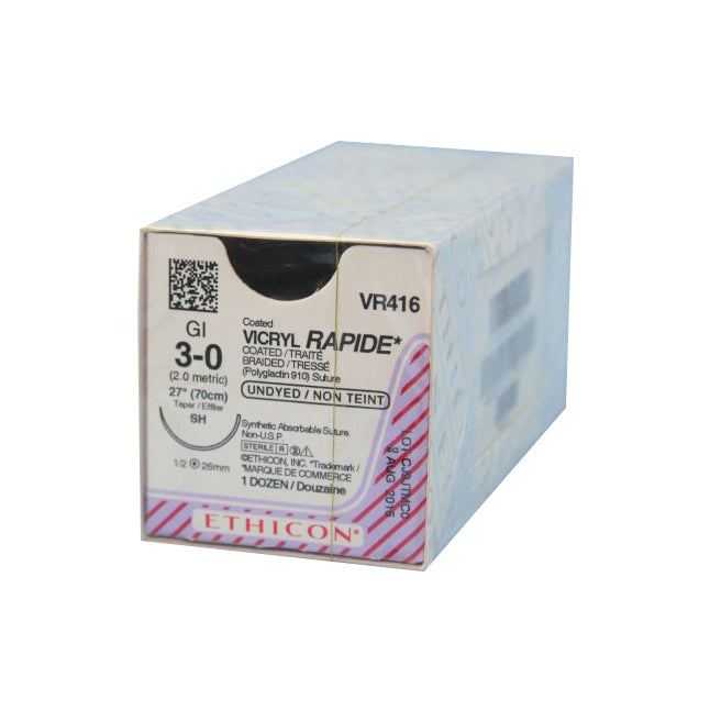 VR416 Absorbable Suture, Polyglactin 910 Vicryl Rapide, Size 3-0, Length 27", SH Taperpoint Needle, Undyed, 12EA/BX