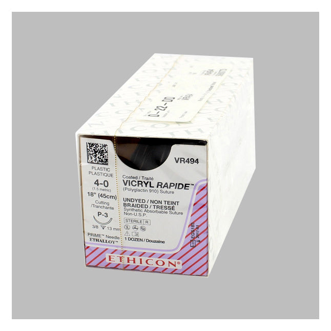 VR494 Absorbable Suture, Size 4-0, Length 18", P-3 Prime Reverse Cutting Needle, Undyed, 12EA/BX
