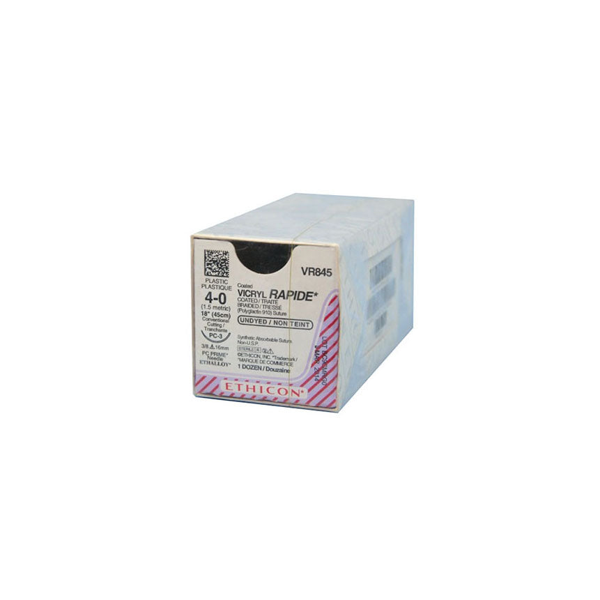 VR845 Absorbable Suture, Size 4-0, Length 18", PC-3 Prime Conventional Cutting Needle, Undyed, 12EA/BX