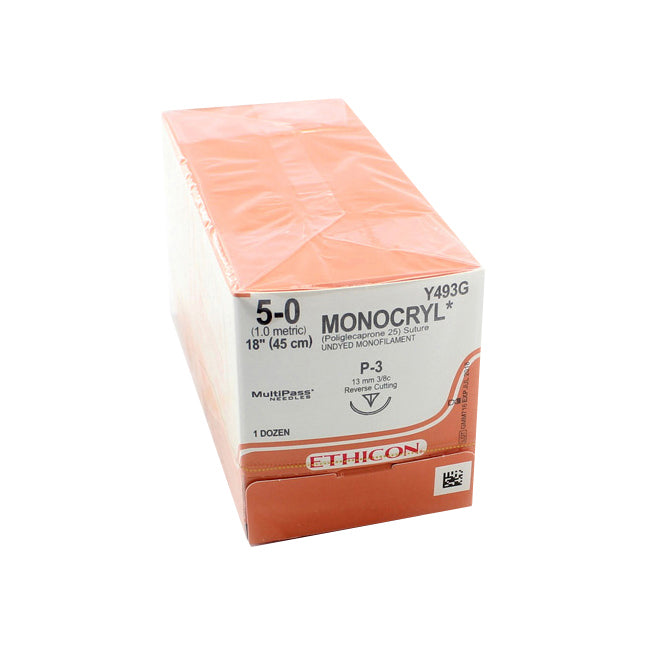 Y493G Monocryl Absorbable Suture, Size 5-0, L18", P-3 Prime Reverse Cutting Needle, 12EA/BX