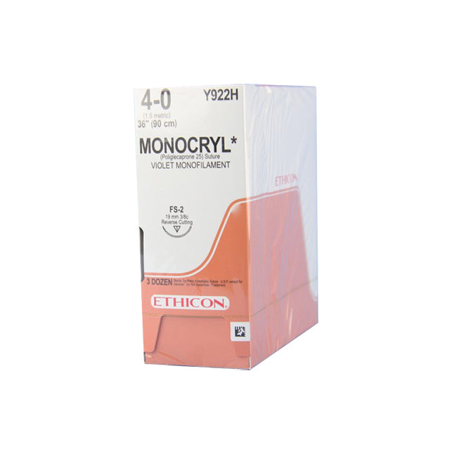 Y922H Monocryl Absorbable Suture, FS-2 Precision Point Reverse Cutting Needle, Undyed, Size 4-0 36EA/CA